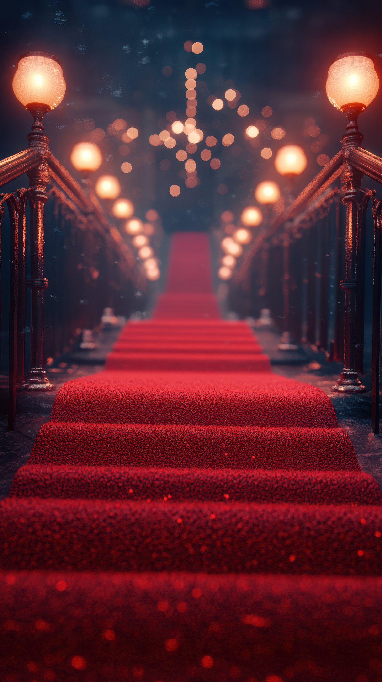 Red carpet pathway leading to an elegantly lit venue at night with glowing lamps illuminating the scene